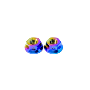 Two rainbow-colored metal nuts on a white background