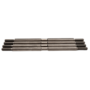 Set of four metal rods stacked on a white background