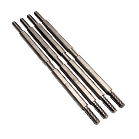 Set of metal rods with threaded ends on a white background
