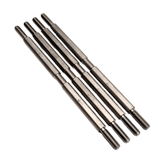Set of metal rods with threaded ends on a white background