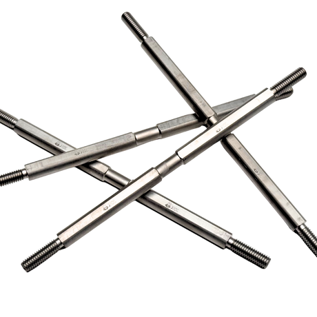 Crossed metal rods with threaded ends on a white background