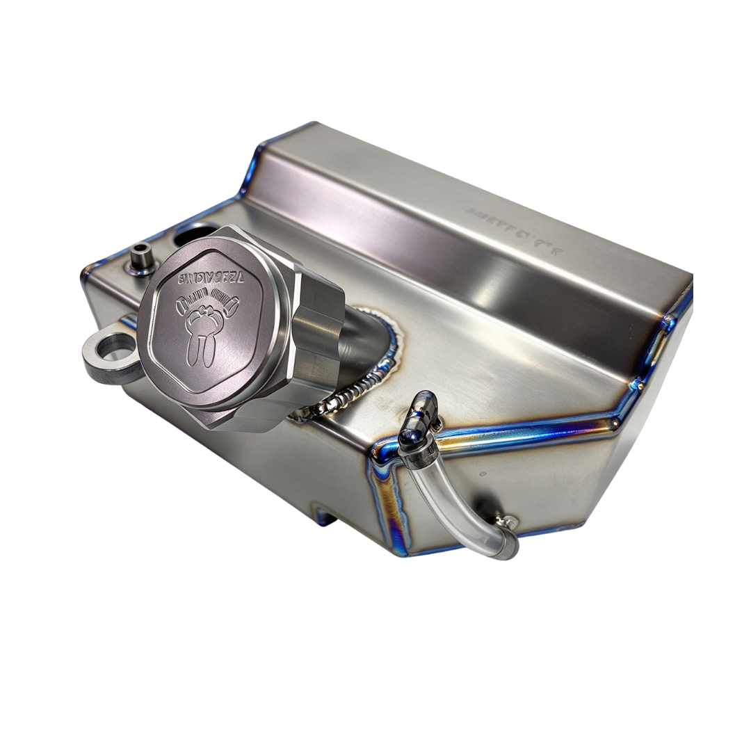TZZ Racing titanium fuel tank for Baja and Kraken VESLA.5, top view showing the cap and clear tube