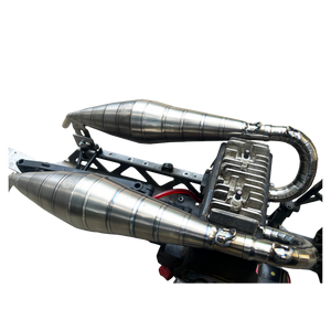 Metallic exhaust system on a white background