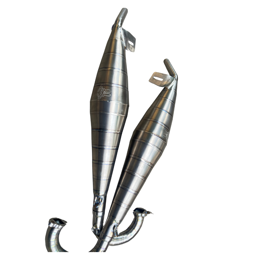 Two metallic exhaust pipes on a white background