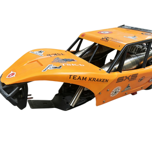 Orange off-road vehicle chassis with 'Team Kraken' branding on a white background