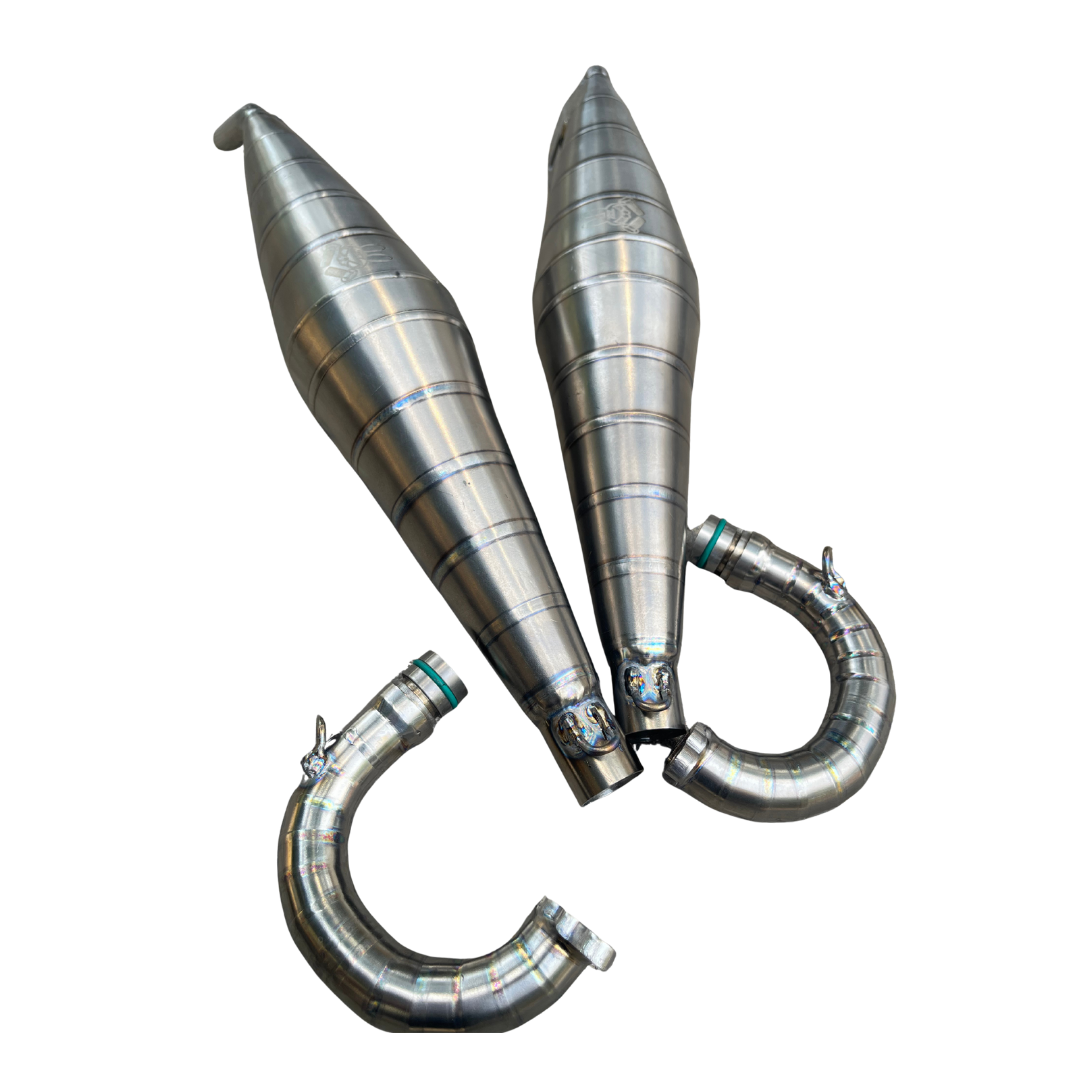 Two metallic exhaust pipes on a white background