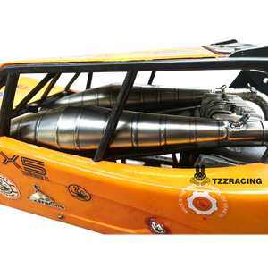 Close-up of a race car with a prominent exhaust system on a white background