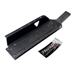 Uber RC HPI Baja carbon fibre HD chassis shown at an angle with UberRC logo decal
