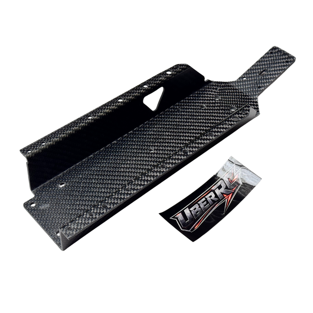 Uber RC HPI Baja carbon fibre HD chassis shown at an angle with UberRC logo decal