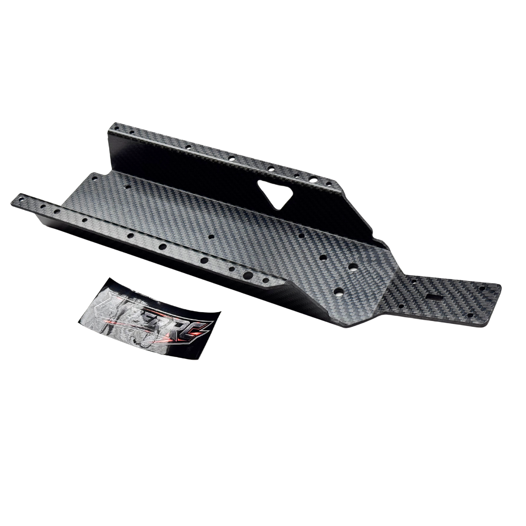 Rear angled view of Uber RC HPI Baja carbon fibre HD chassis with UberRC logo decal