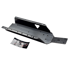 Rear angled view of Uber RC HPI Baja carbon fibre HD chassis with UberRC logo decal