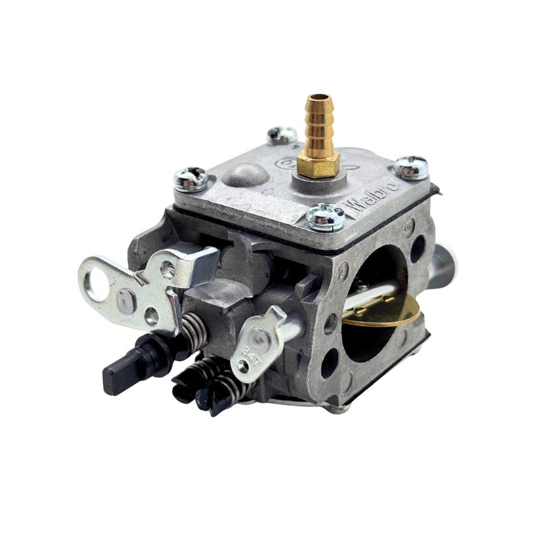 Metal carburetor on a white background