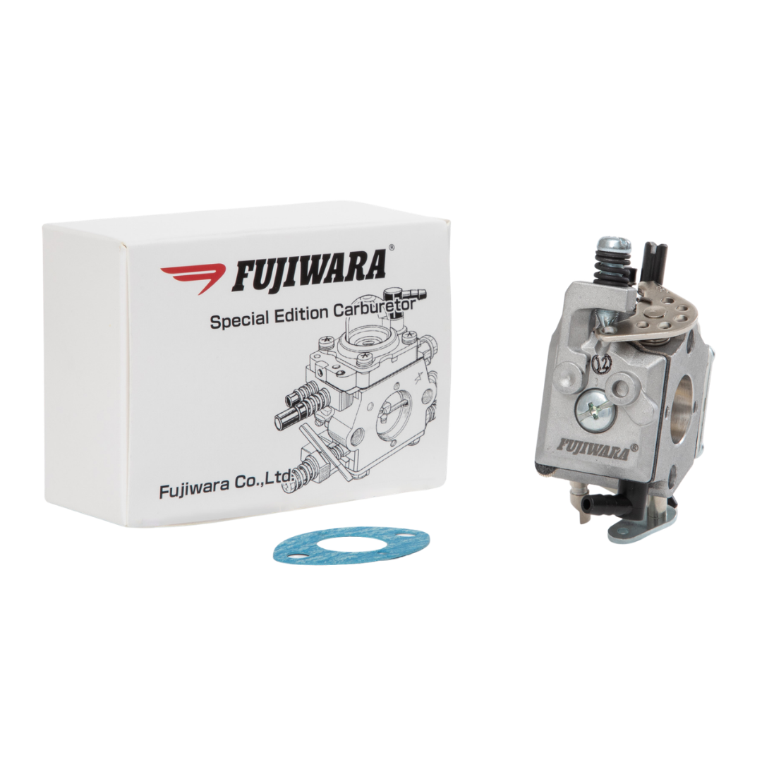 Fujiwara special edition carburetor with packaging and gasket on a white background