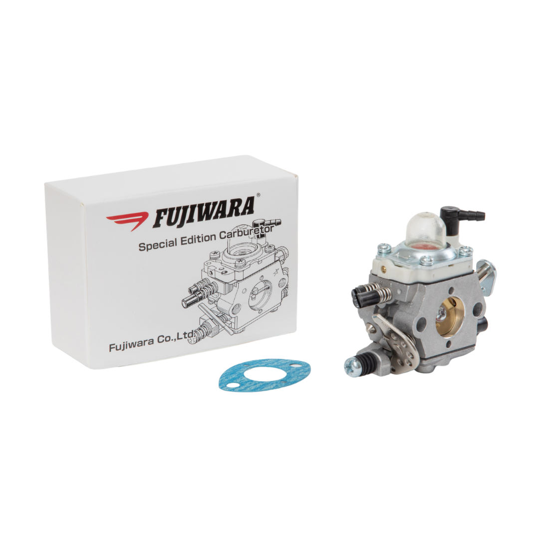 Fujiwara special edition carburetor with packaging and gasket on a white background