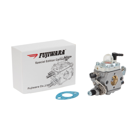 Fujiwara special edition carburetor with packaging and gasket on a white background