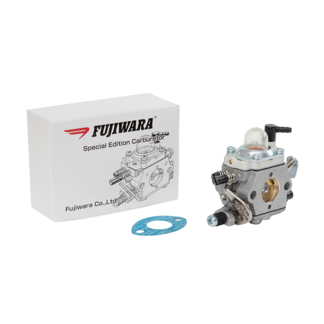 Fujiwara special edition carburetor with packaging and gasket on a white background