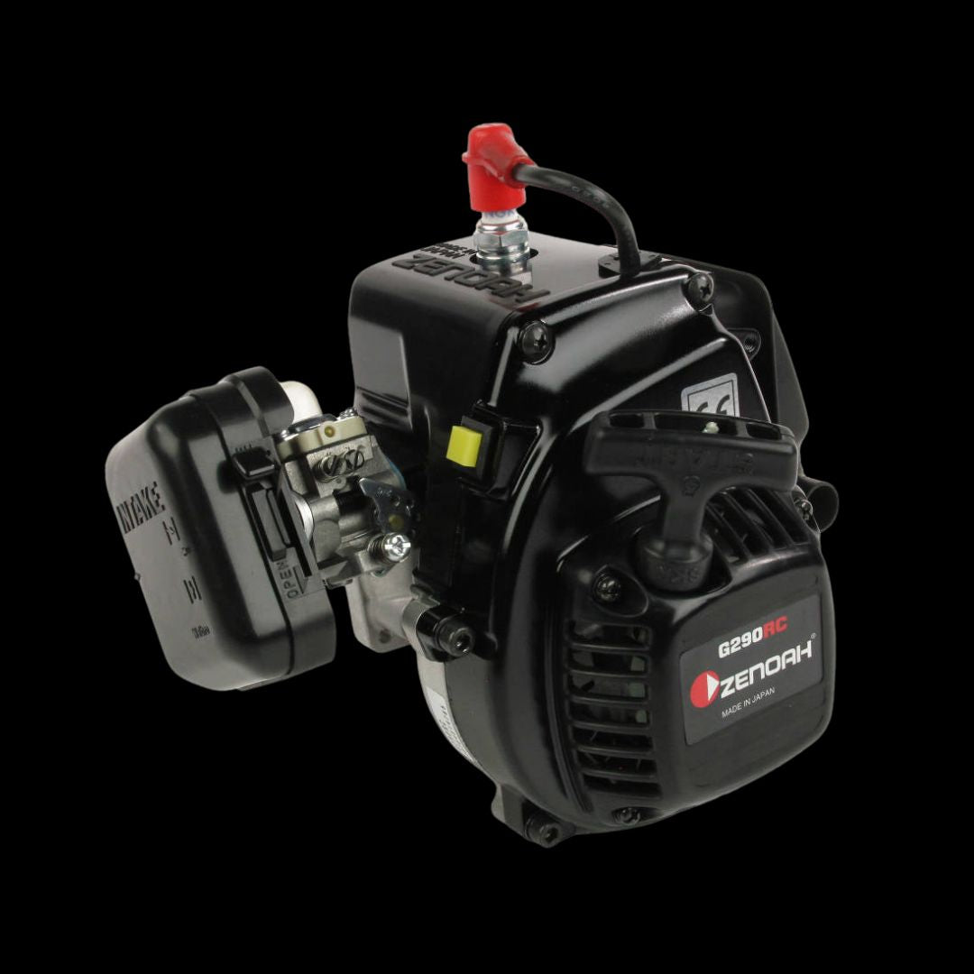 Zenoah G290RC 29cc Petrol 2-Stroke Single Cylinder Car Engine with 4 Bolt Fixing, shown with exhaust and clutch attached.